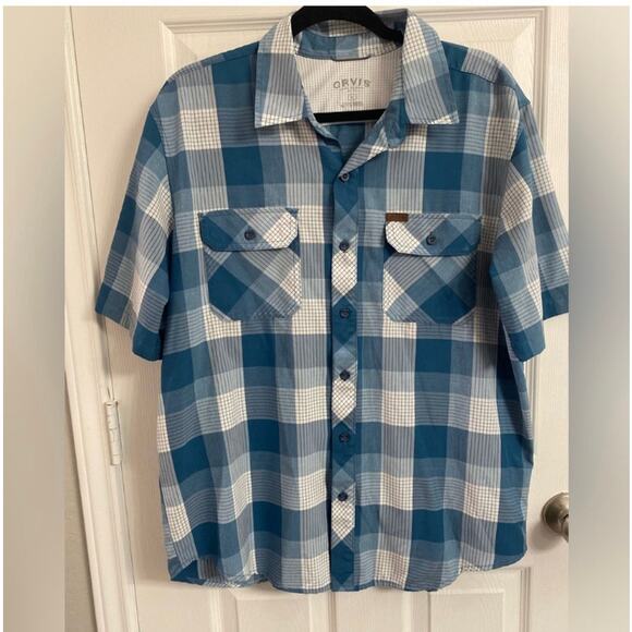 Orvis Men’s Tech Work Shirt Blue Check Button Up Short Sleeve  Size L - Picture 1 of 5